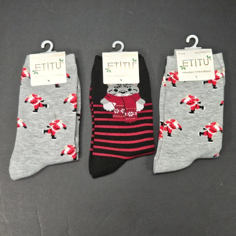 Etitu Holiday Crew Socks 3 Pair Lot Santa Cat Striped‎ Size 9-11 Christmas